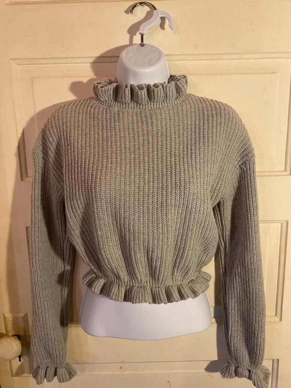 Milk & Honey Knitwear Grey Ruffle Trim Mock Neck Cropped Chunky Knit Sweater